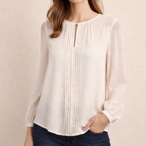Banana Republic Ivory Pleated Front Sheer Long Sleeve Blouse Size Small